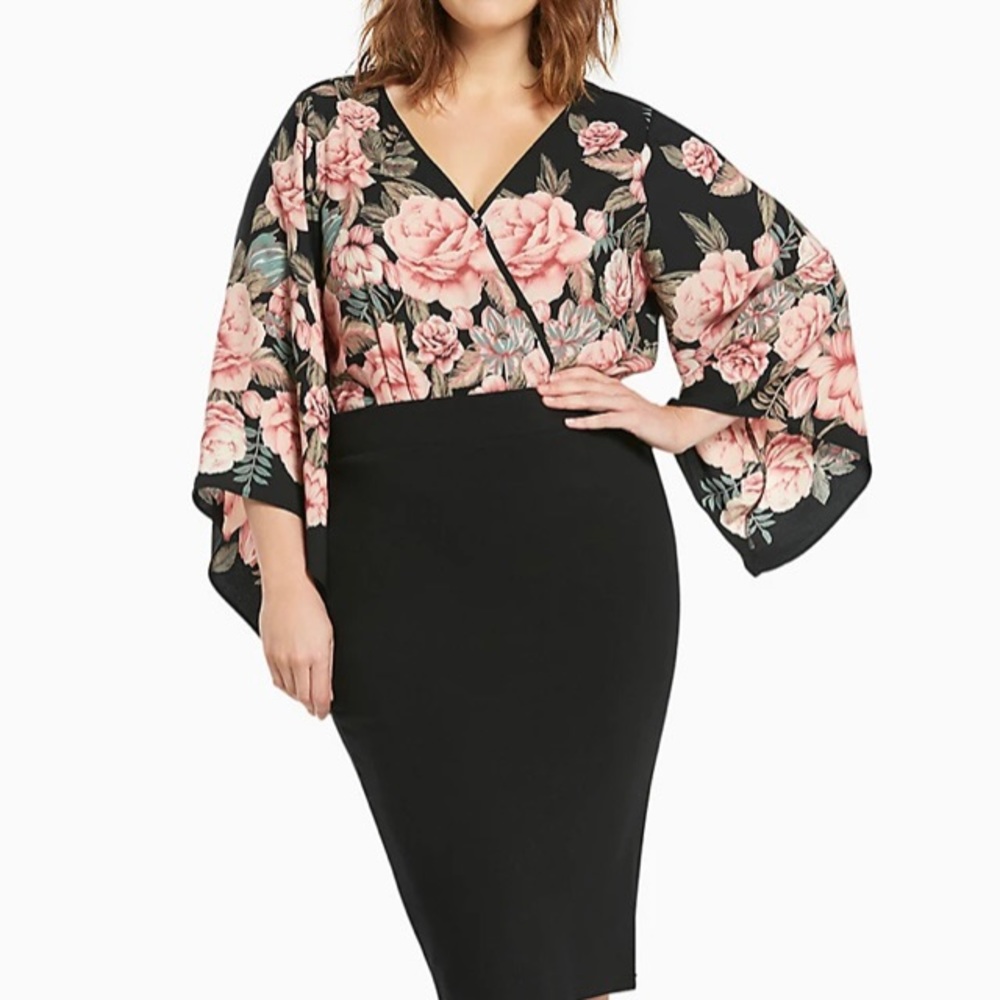 1X Torrid Floral Wrap V-Neck Bodysuit Blouse in Black and Pink
